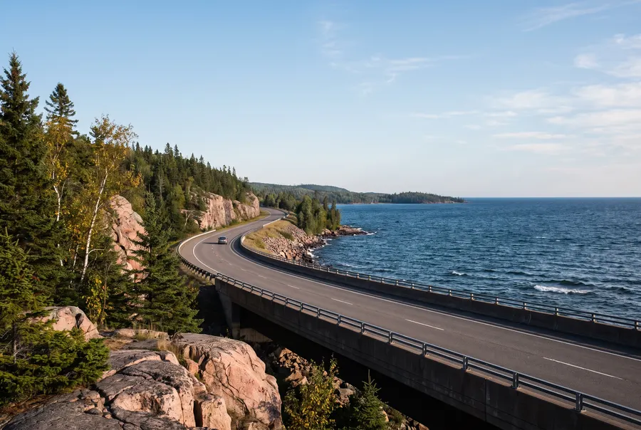 Empty highway along a rocky lakeshore with pines
